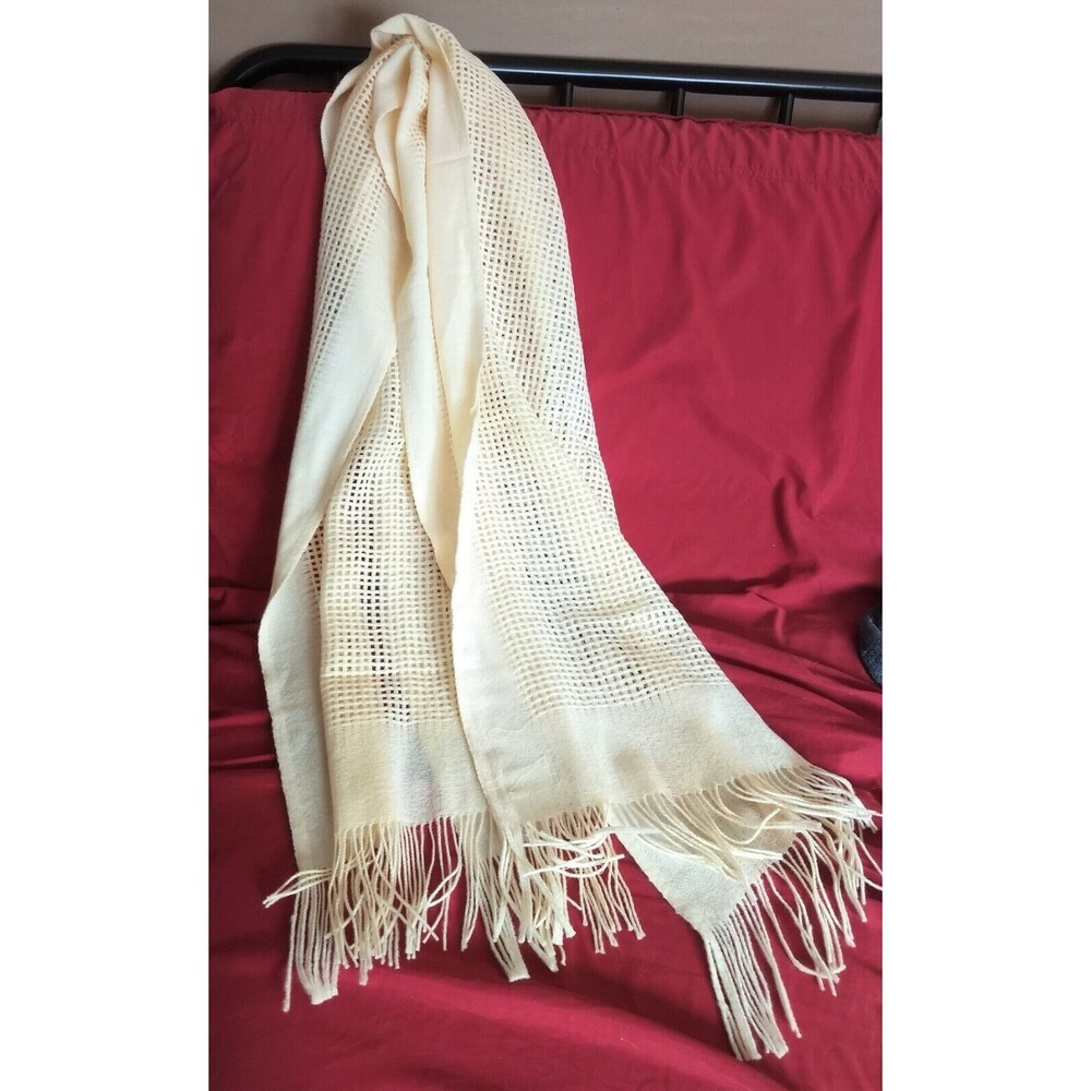 Vintage "Glentex" wool and nylon scarf, net weave, fringe, Ivory WPL 6119